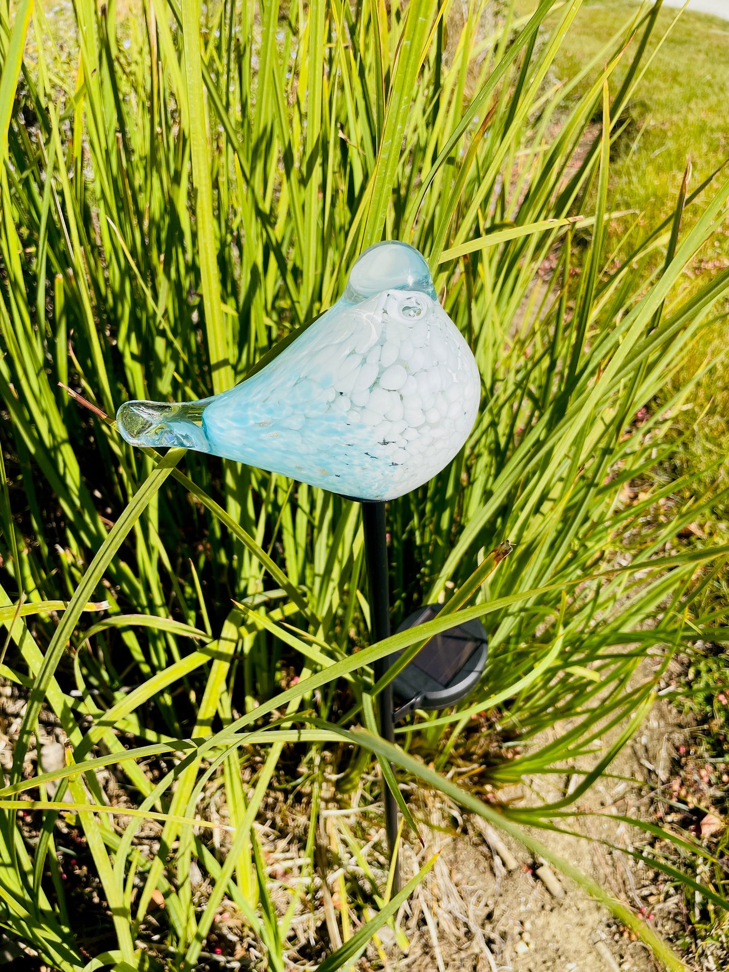 Set of 2 Handmade Art Glass LED Solar path garden lights - Bird Sun Catcher Garden Stake Statue Figurine- Light Blue