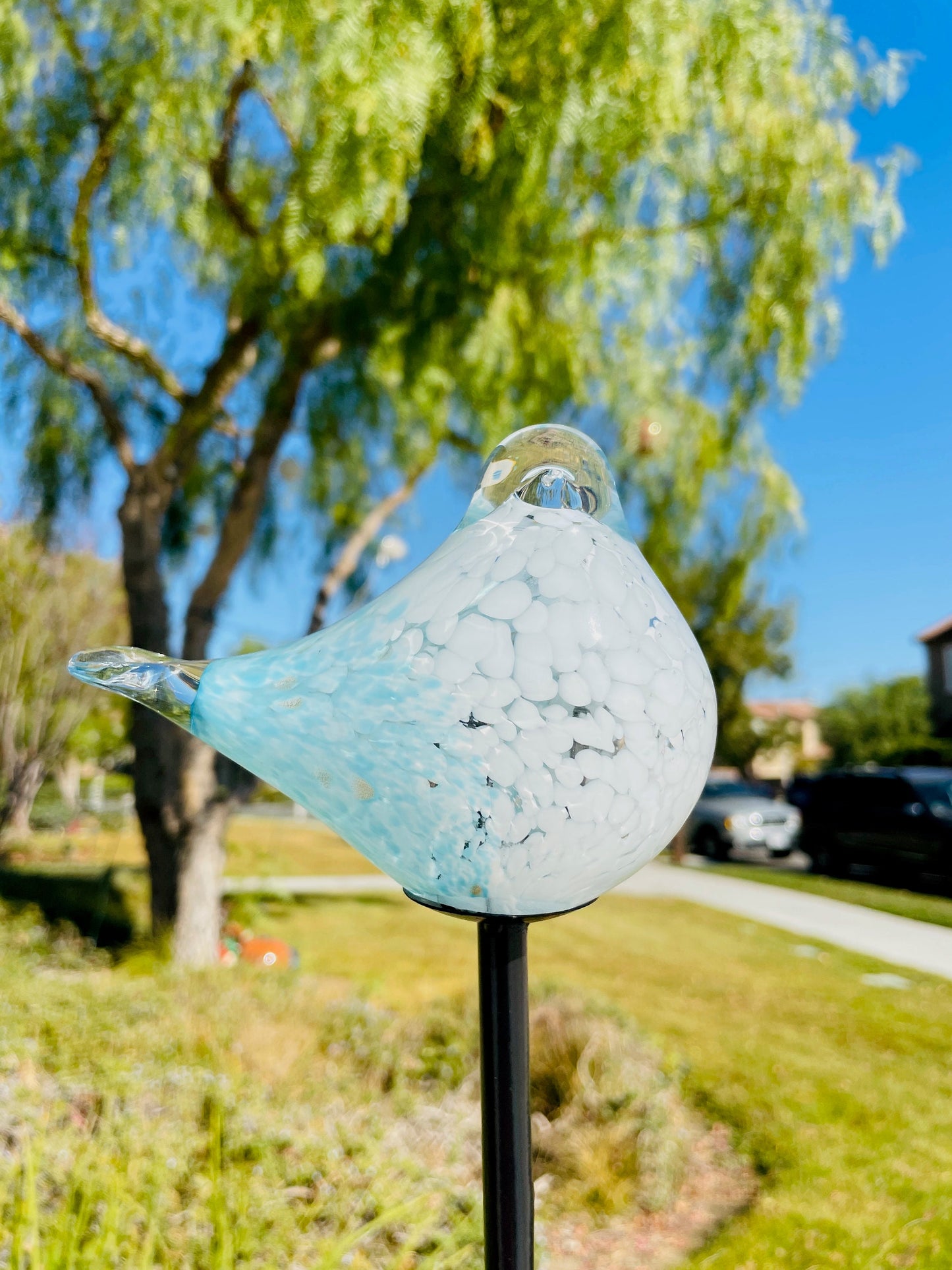 Set of 2 Handmade Art Glass LED Solar path garden lights - Bird Sun Catcher Garden Stake Statue Figurine- Light Blue