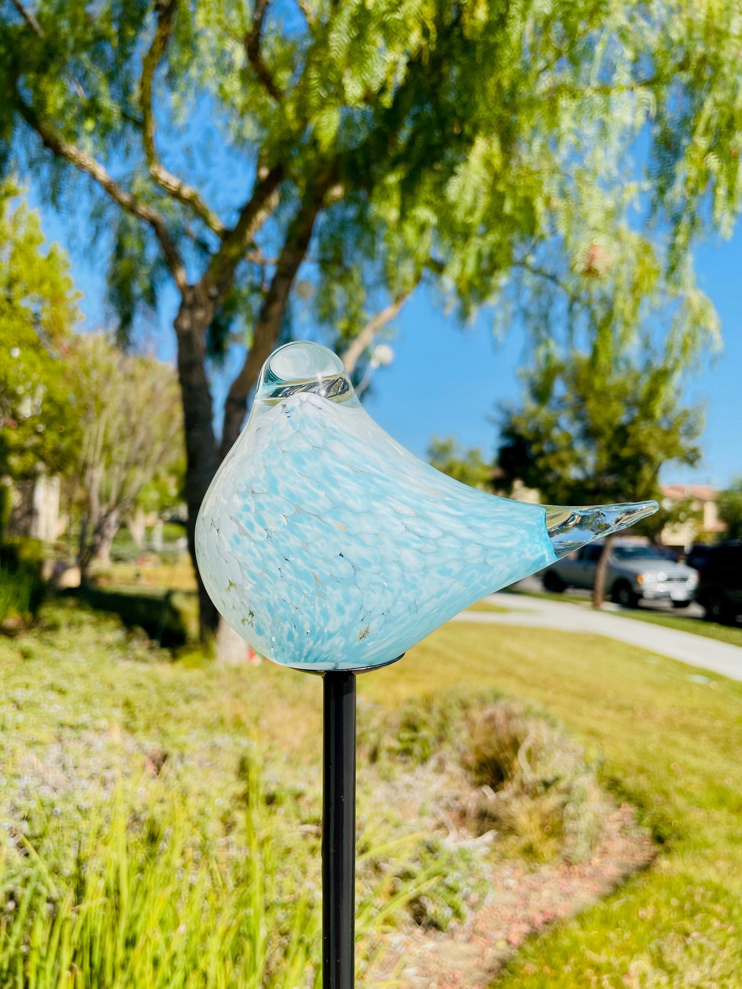 Set of 2 Handmade Art Glass LED Solar path garden lights - Bird Sun Catcher Garden Stake Statue Figurine- Light Blue