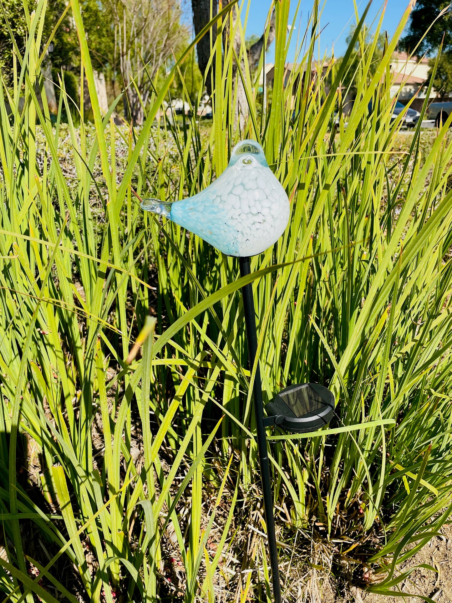 Set of 2 Handmade Art Glass LED Solar path garden lights - Bird Sun Catcher Garden Stake Statue Figurine- Light Blue