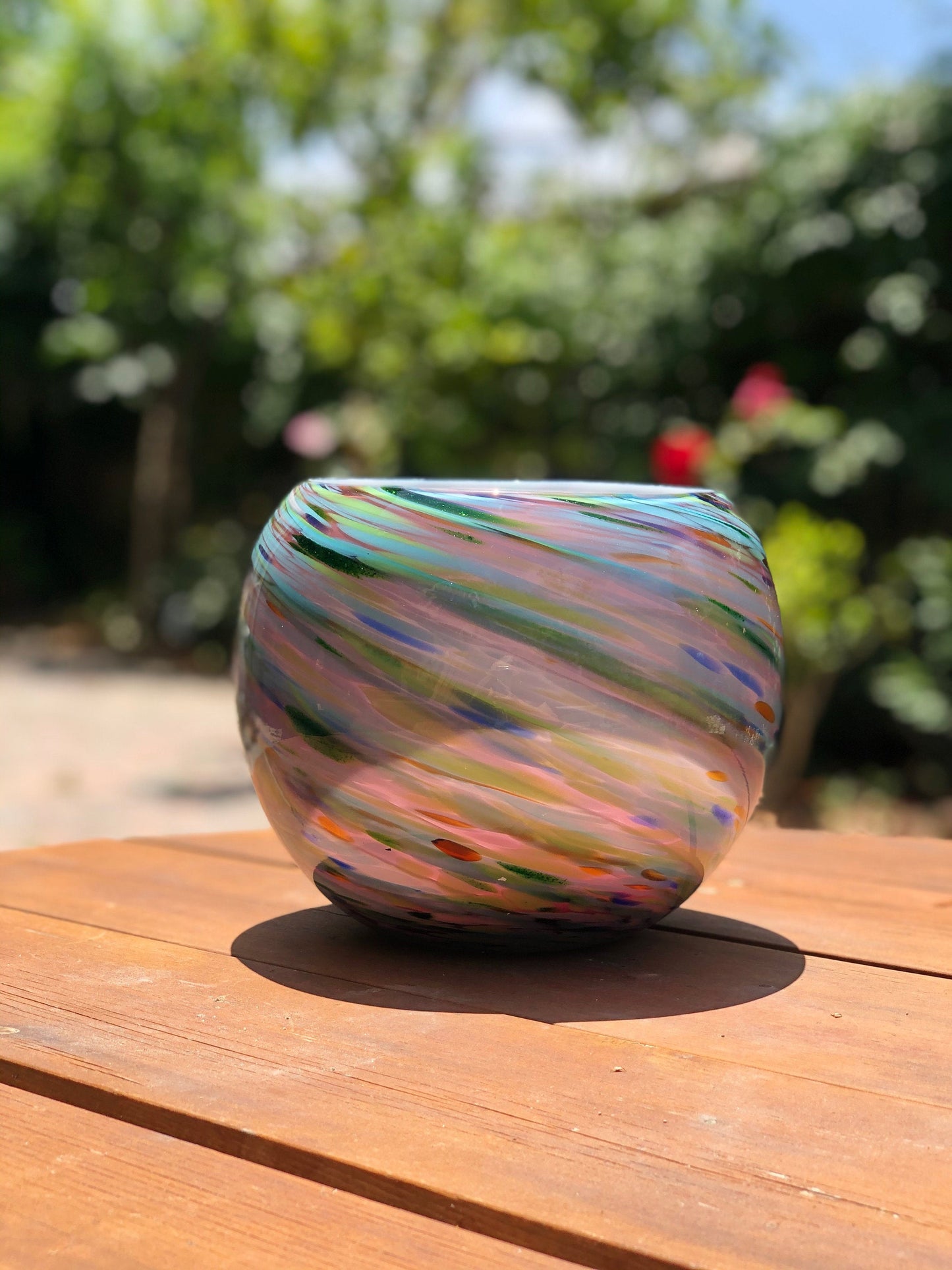 8" Artistic Planter, Handblown Art Glass Succulent Rose Ball/Planter/Vase/Candle holder, Teal Purple Swirl