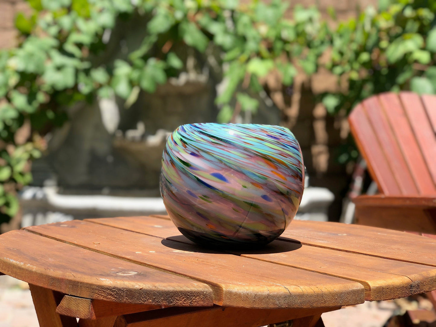 8" Artistic Planter, Handblown Art Glass Succulent Rose Ball/Planter/Vase/Candle holder, Teal Purple Swirl