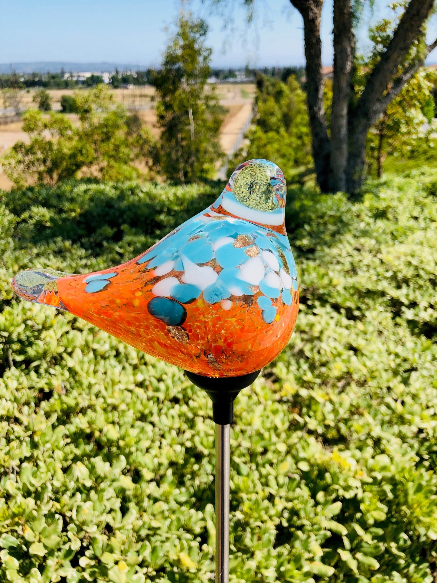 Set of 2 Handmade Art Glass LED Solar path garden lights - Bird Sun Catcher Garden Stake Statue Figurine- Orange Teal