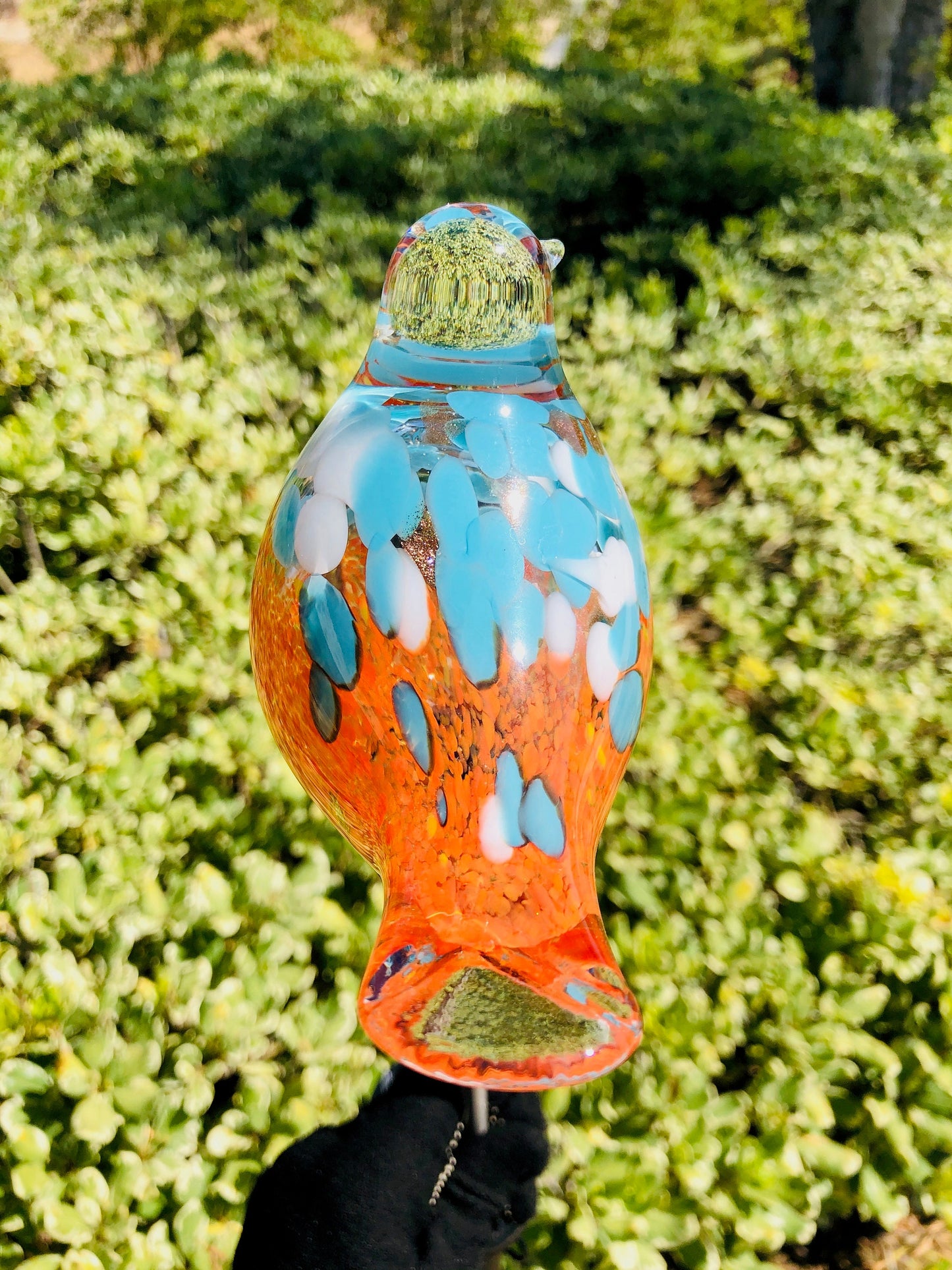 Set of 2 Handmade Art Glass LED Solar path garden lights - Bird Sun Catcher Garden Stake Statue Figurine- Orange Teal