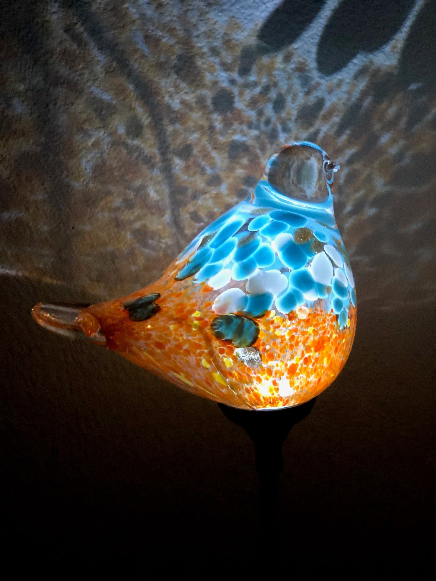 Set of 2 Handmade Art Glass LED Solar path garden lights - Bird Sun Catcher Garden Stake Statue Figurine- Orange Teal