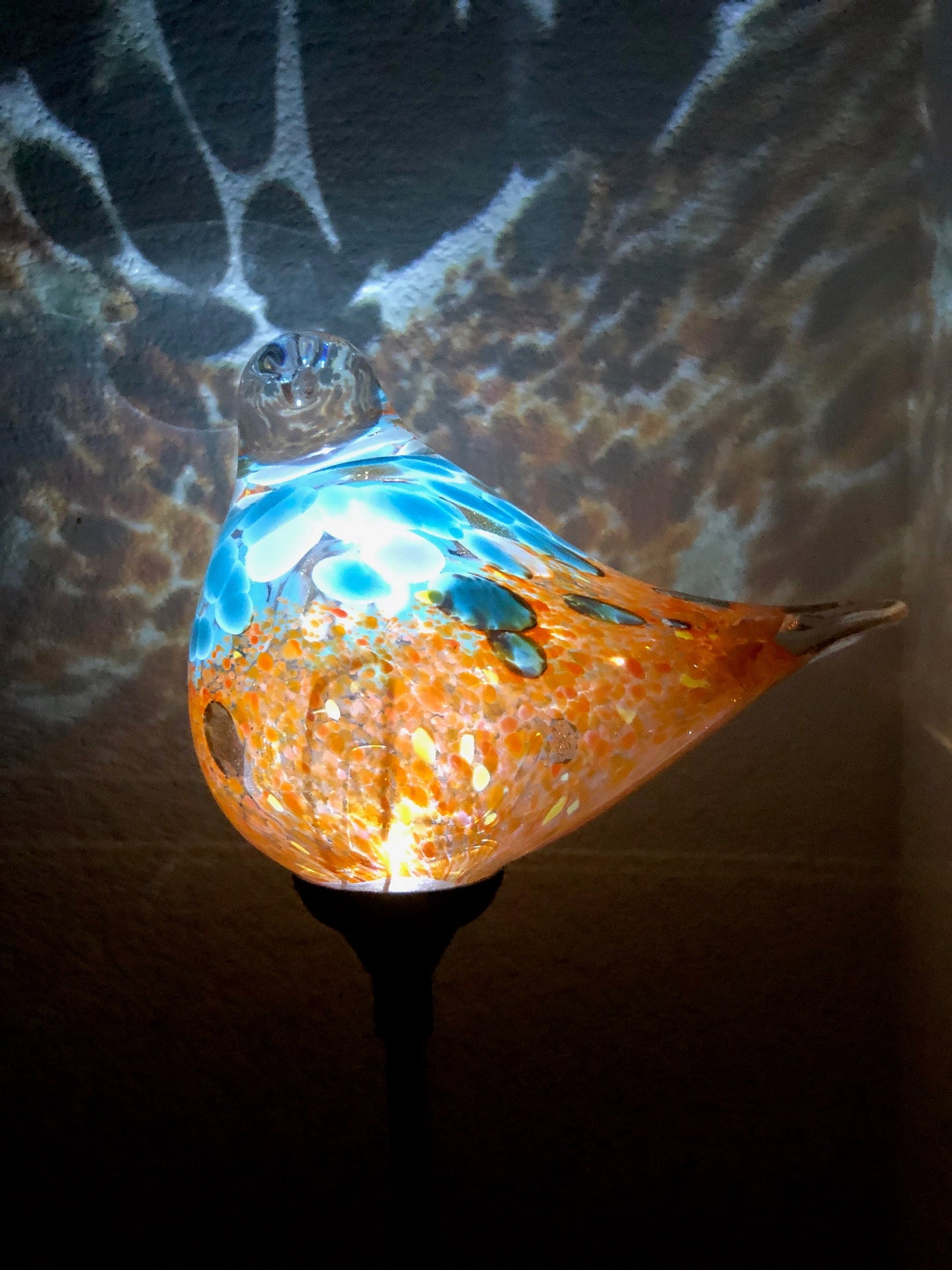 Set of 2 Handmade Art Glass LED Solar path garden lights - Bird Sun Catcher Garden Stake Statue Figurine- Orange Teal